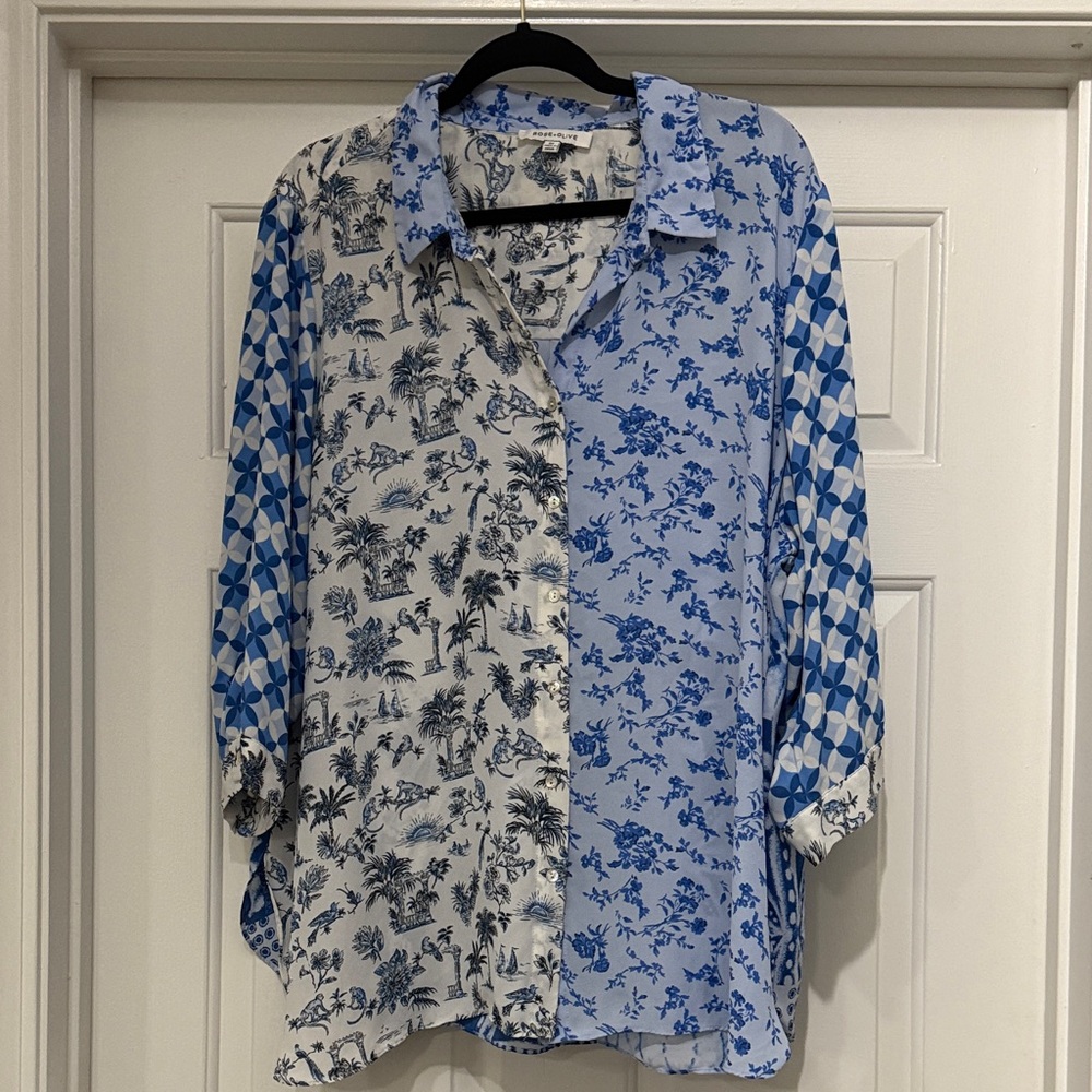 Rose & Olive Floral Top in Blue and Cream